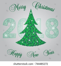 Greeting card with abstract Christmas tree. Happy New Year 2018. Vector illustration