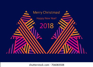 Greeting card with abstract Christmas trees. Happy New Year 2018. Vector.