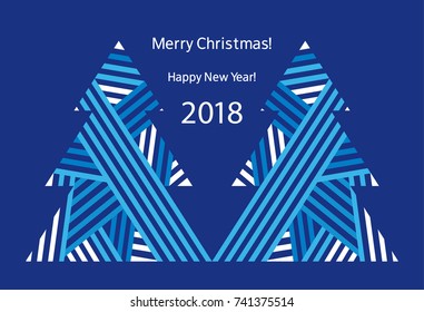 Greeting card with abstract Christmas trees. Happy New Year 2018. Blue background. Vector.