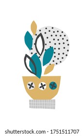Greeting card with abstract composition - pot, leaves, plant, circle isolated on white background. Contemporary art. Hand drawn vector illustration. Bright and dark colors