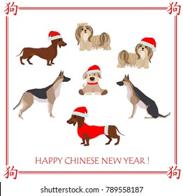 Greeting card with abstract dogs in Santa hat and origami style set for 2018 Chinese New Year