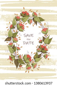 Greeting card with abstract flowers in color live coral and green leaves. It can be used as an invitation card for a wedding, birthday and other holiday, and as a summer background. 