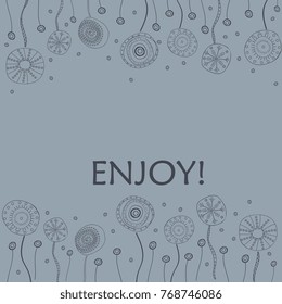 greeting card with abstract flowers on  gray background. Line art, silhouette hand drawn art. Vector illustration.