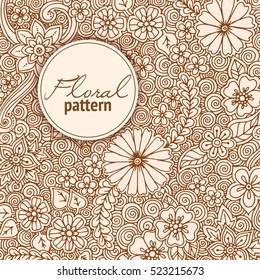 Greeting card with abstract flowers. Page for adult coloring book. Vintage hand drawn design for greeting card, wedding invitation, poster, scrapbook. Vector illustration.