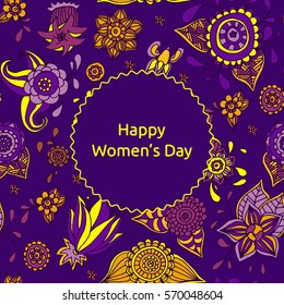 Greeting card with abstract flowers. Text place in frame. Vector illustration. 