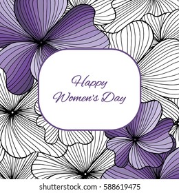 Greeting card with abstract flowers. Text place in frame. Vector illustration.