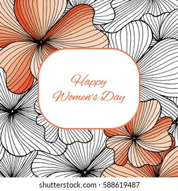 Greeting card with abstract flowers. Text place in frame. Vector illustration.