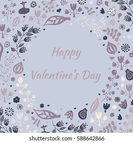 Greeting card with abstract flowers. Text place in frame. Vector illustration.
