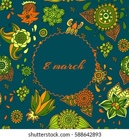 Greeting card with abstract flowers. Text place in frame. Vector illustration.