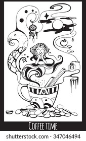 Greeting card with abstract ink drawing on the theme of coffee time for your creativity