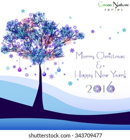 Greeting card with abstract winter tree in snowdrift for congratulations with Happy New Year and Merry Christmas on white backdrop. Vector illustration