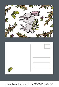 Greeting card with adorable bunny surrounded berries, leaves and horns