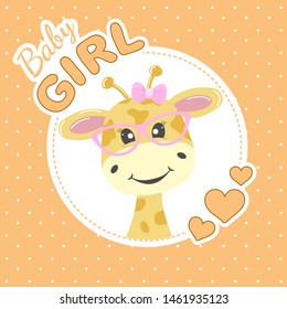 Greeting card adorable giraffe in glasses and the inscription baby princess. Graphics for t-shirts. Vector illustration
