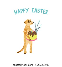 Greeting card with adorable meerkat holding Easter cake and willow twigs. Happy Easter lettering. Vector hand drawn illustration isolated on white.