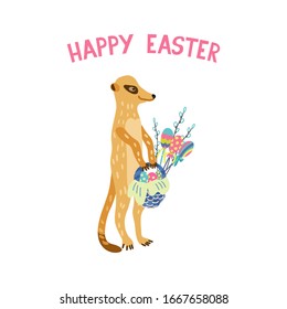 Greeting card with adorable meerkat holding wicker basket full of colorful eggs, lollipops and willow twigs. Happy Easter lettering. Vector hand drawn illustration isolated on white.