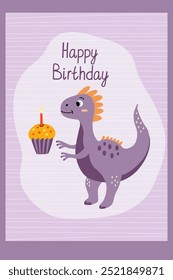 Greeting card with adorable purple baby dinosaur rex with cupcake and burning candle and happy birthday hand drawn lettering. Flat vector illustration. 