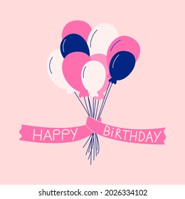 Greeting card with air balloons. Lettering "Happy Birthday". Simple vector flat illustration on pink background