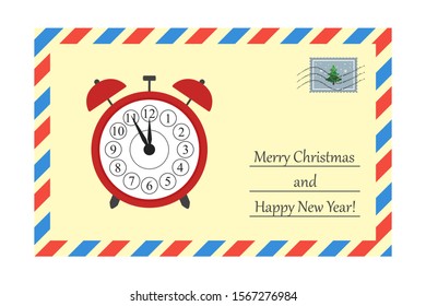 Greeting card with alarm clock for christmas and new year. Vector illustration