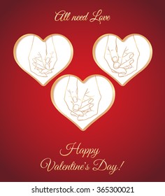 Greeting card "All need Love - Happy Valentine's Day" with holding hands couples of different people (also homosexual couples)