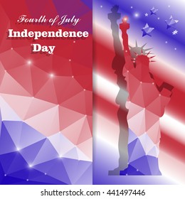 Greeting card with American flag and Statue of Liberty for Independence Day. Vector illustration.
