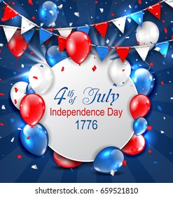 Greeting Card for American Independence Day, 4th of July, Colorful Bunting, Balloons and Confetti - Illustration Vector