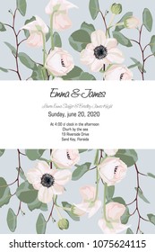 Greeting card with anemones and eucalyptus, watercolor style, can be used as invitation card for wedding, birthday and other holiday. Vector illustration. Vintage rustic style. Light blue background.
