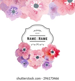 Greeting Card with Anemones and Poppies. Vector Watercolor Background Elements.