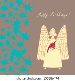 greeting card with an angel holding a dinosaur on a background of stars