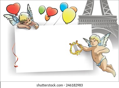 Greeting card with angels and balloons. Vector.
