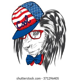 Greeting card with animals. Lion in cap and glasses. Hip-hop. USA. America. Vector illustration for greeting card, poster, or print on clothes.