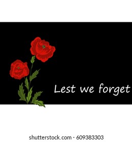  Greeting card for Anzac Day and Remembrance Day with red poppies