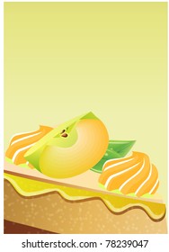 Greeting card with apple pie on yellow background