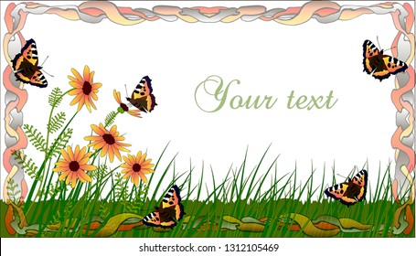 Greeting card of the approach of summer with butterflies in a transparent frame