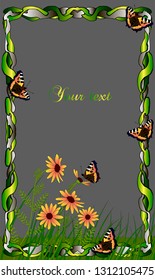 Greeting card approaching summer with butterflies in a green vertical frame on a gray background