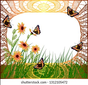 Greeting card is approaching summer on a lace background with butterflies