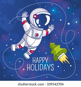 Greeting card with astronaut, vector illustration, contains gradient mesh