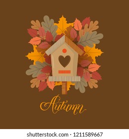 Greeting card with autumn decorative elements. Nesting box and leaves in doodle style