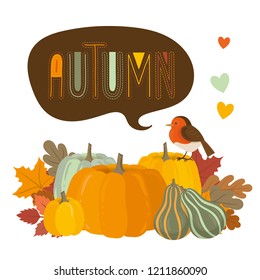 Greeting card with autumn decorative elements. Little bird sitting on a pumpkin harvest