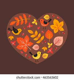 Greeting card with autumn heart - birds, berries, maple leaves. Perfect for seasonal greetings, Thanksgiving Day. 