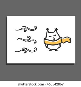 Greeting card with autumn illustrations. Cute owl wear scarf. Childish doodle bird and stylized wind. Vector sketch
