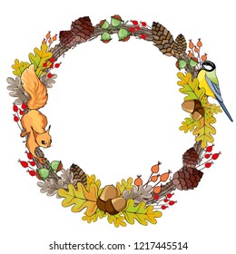 Greeting card with Autumn leaves and cute animal