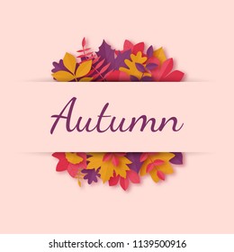 Greeting card with Autumn leaves in paper art style. Origami colorful banner. Hello autumn. Vector template for your design.