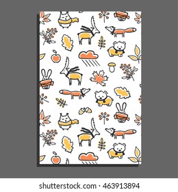 Greeting card with autumn pattern. Vector illustration. Cute animals wear scarves. Hand drawn oak and maple leaves, berries, mushrooms. Funny childish design