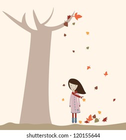 Greeting card with autumn Woman standing under a tree cartoon