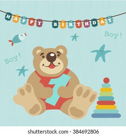 Greeting card for baby album. Child celebrated 1 year. Happy birthday. Colorful train carries toys, kindly and funny animals. Pig, teddy-bear, kitten. By train attached red ball with the inscription