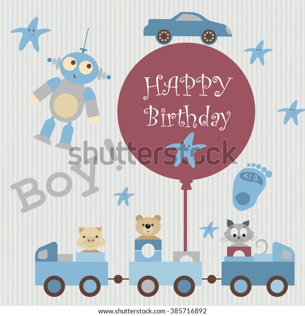 Greeting card for baby album. Train carries\
toys, kindly animals. Pig, teddy bear, kitten. There are star,\
alien, car on the beige background. By train attached ball with\
inscription. Happy\
birthday