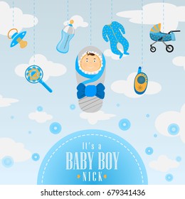 Greeting card it's a baby boy, objects of children's things and toys on background of sky and clouds and place for your text vector illustration