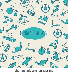 Greeting card for baby boy, template. Blue and cream colors. Line icons of baby boy toys