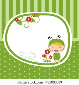 Greeting card with baby dressed as grasshopper. Green background with stripes and polka dots.