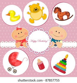 greeting card for baby girl and boy with toys